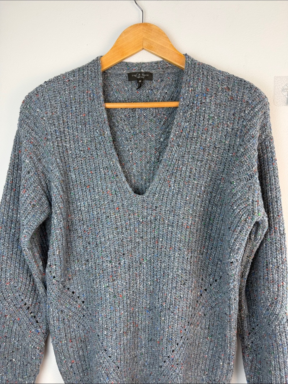 Rag & Bone Eco Donegal V-Neck Blue Sweater XS Relaxed Fit Recycled Wool Blend - Picture 4 of 16